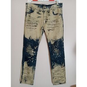 GS-115 Men Blue Distressed Acid Wash Embroidered Denim Jeans Size 34 Measures 36